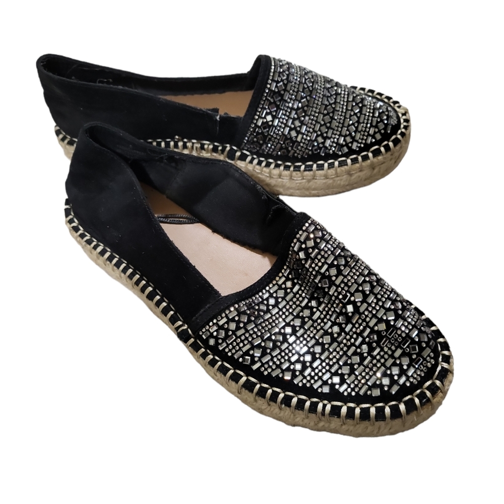 EUC Express women's rhinestone beeded  flats platform Espadrilles, Black, 6 - Picture 3 of 8